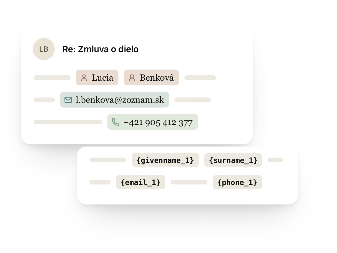 E-mail s označeným menom, e-mailovou adresou a telefónom a ten istý text, v ktorom ich nahradili značky {givenname_1}, {surname_1}, {email_1} a {phone_1}