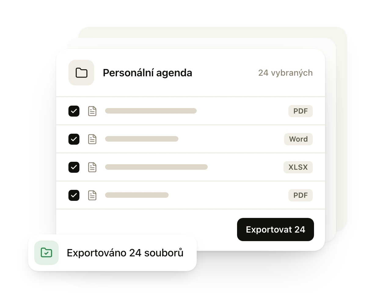 Export složky personální agendy: soubory ve formátech PDF, Word a XLSX vybrané najednou a potvrzení o exportu 24 souborů