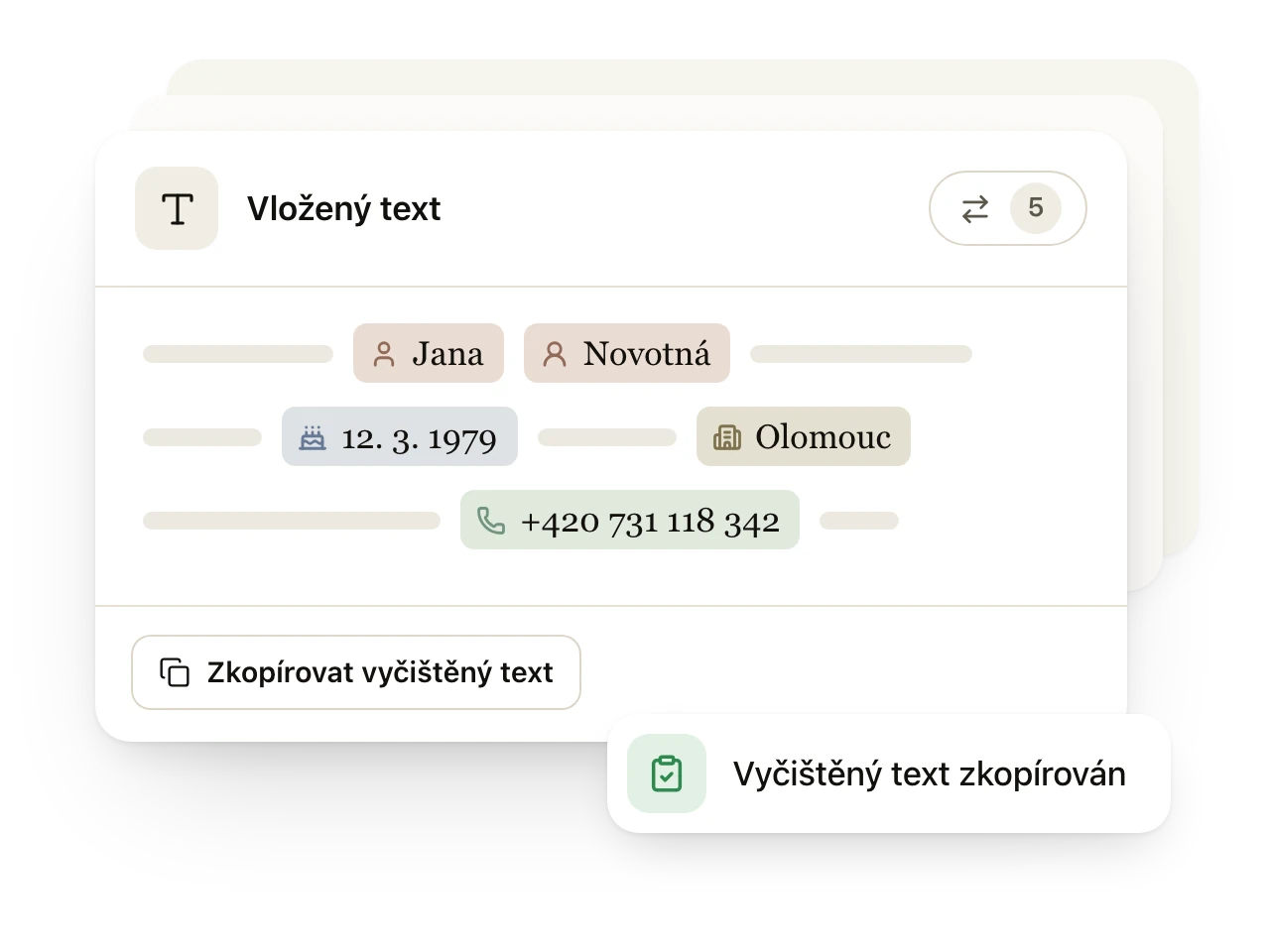 Vložený text v aplikaci Blackpen s označeným jménem, datem narození, městem a telefonem a s oznámením, že vyčištěný text je zkopírovaný