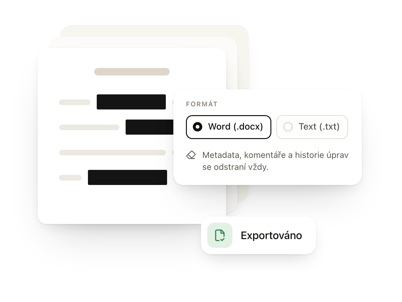 Export dokumentu ve formátu Word se zakrytými údaji a poznámkou, že metadata, komentáře a historie úprav se odstraní vždy