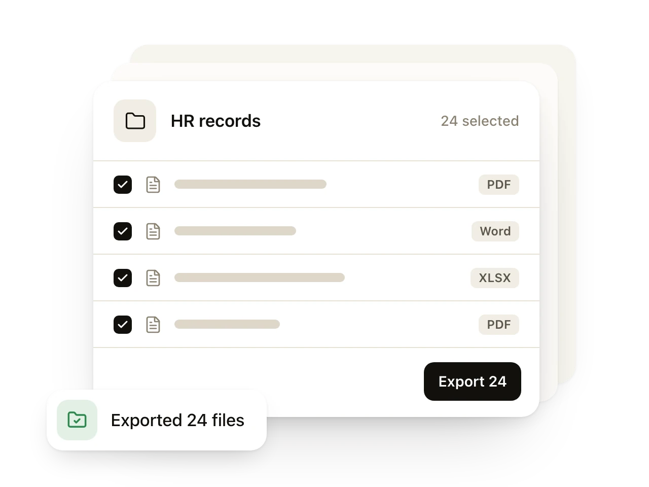 Exporting a folder of HR records: PDF, Word and XLSX files selected together and a confirmation that 24 files were exported